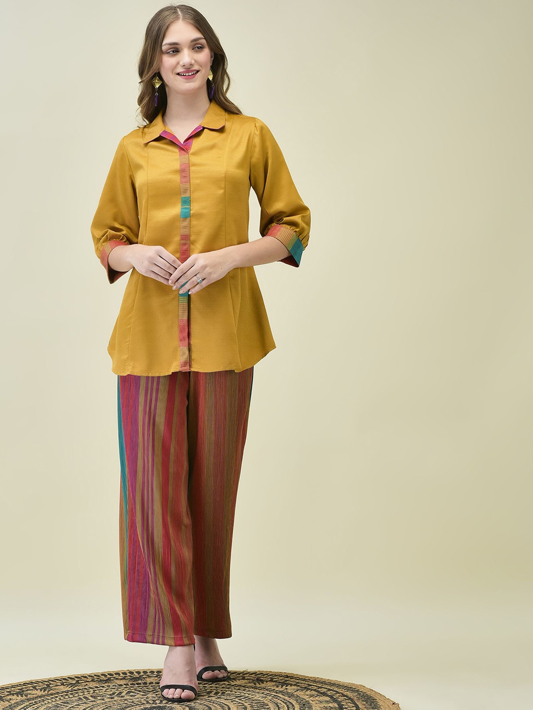 

Shree Printed Shirt Collar Shirt with Trousers, Mustard