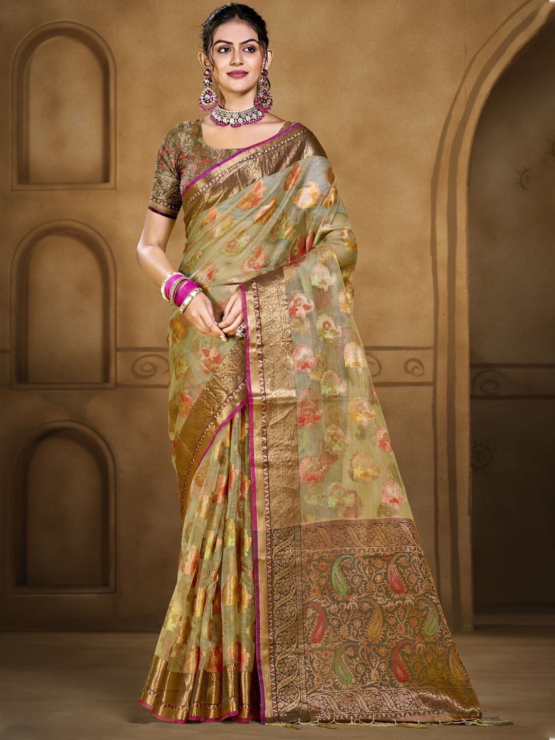 

SANGAM PRINTS Woven Design Organza Designer Tussar Saree, Olive