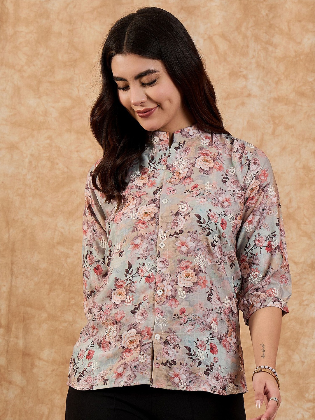 

Anouk Women Cotton Floral Printed Mandarin Collar Regular Fit Casual Shirt, Grey