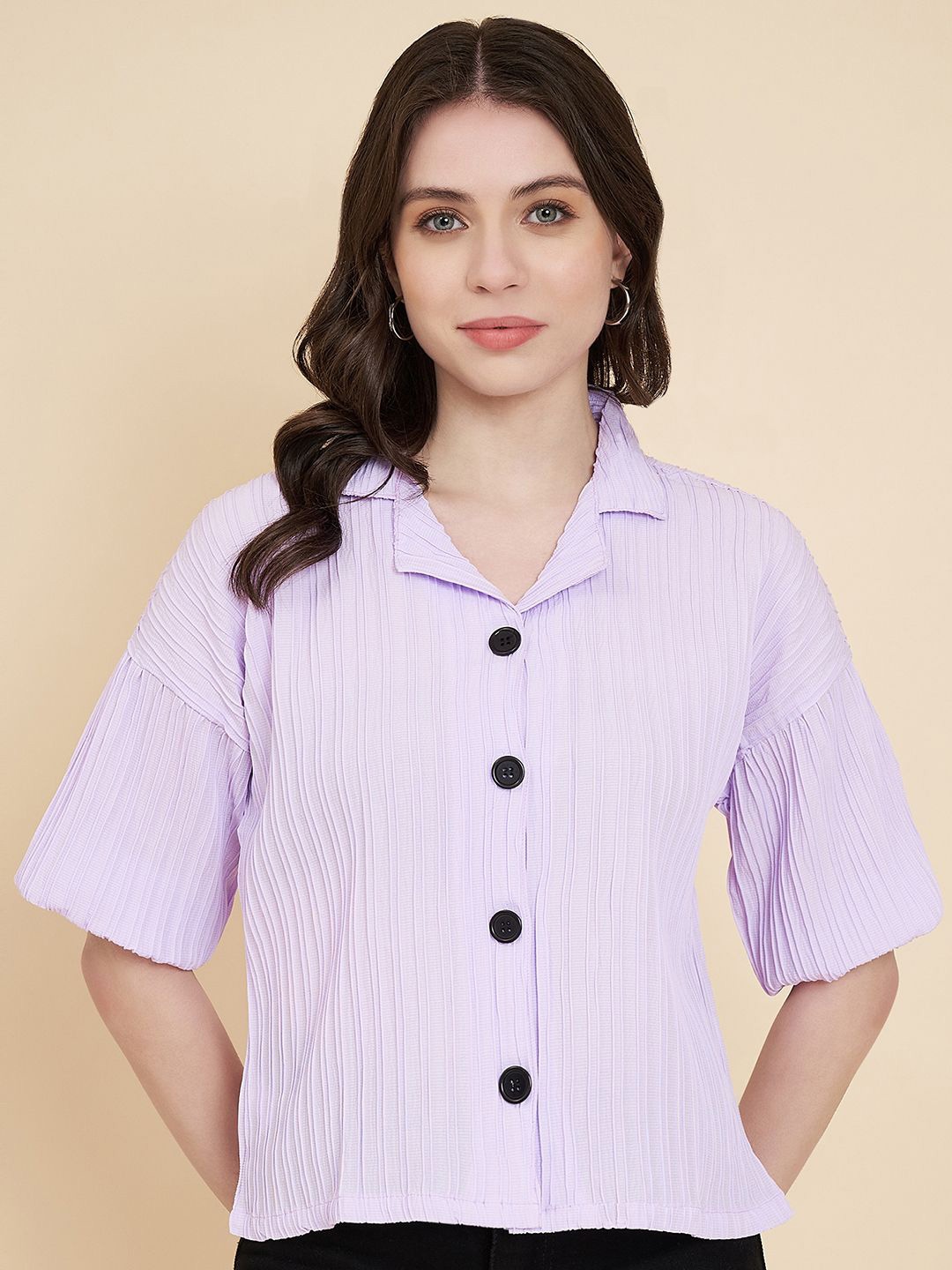 

HERE&NOW Women Classic Boxy Opaque Striped Casual Shirt, Lavender