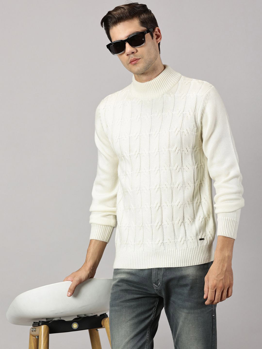 

BLACK BUCK Cable Knit Solid High Neck Sweater, White