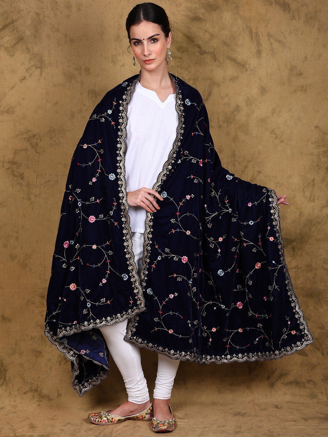 

Exotic India Velvet Zari-Sequins Embroidery Dupatta from Punjab and Scalloped Border, Blue