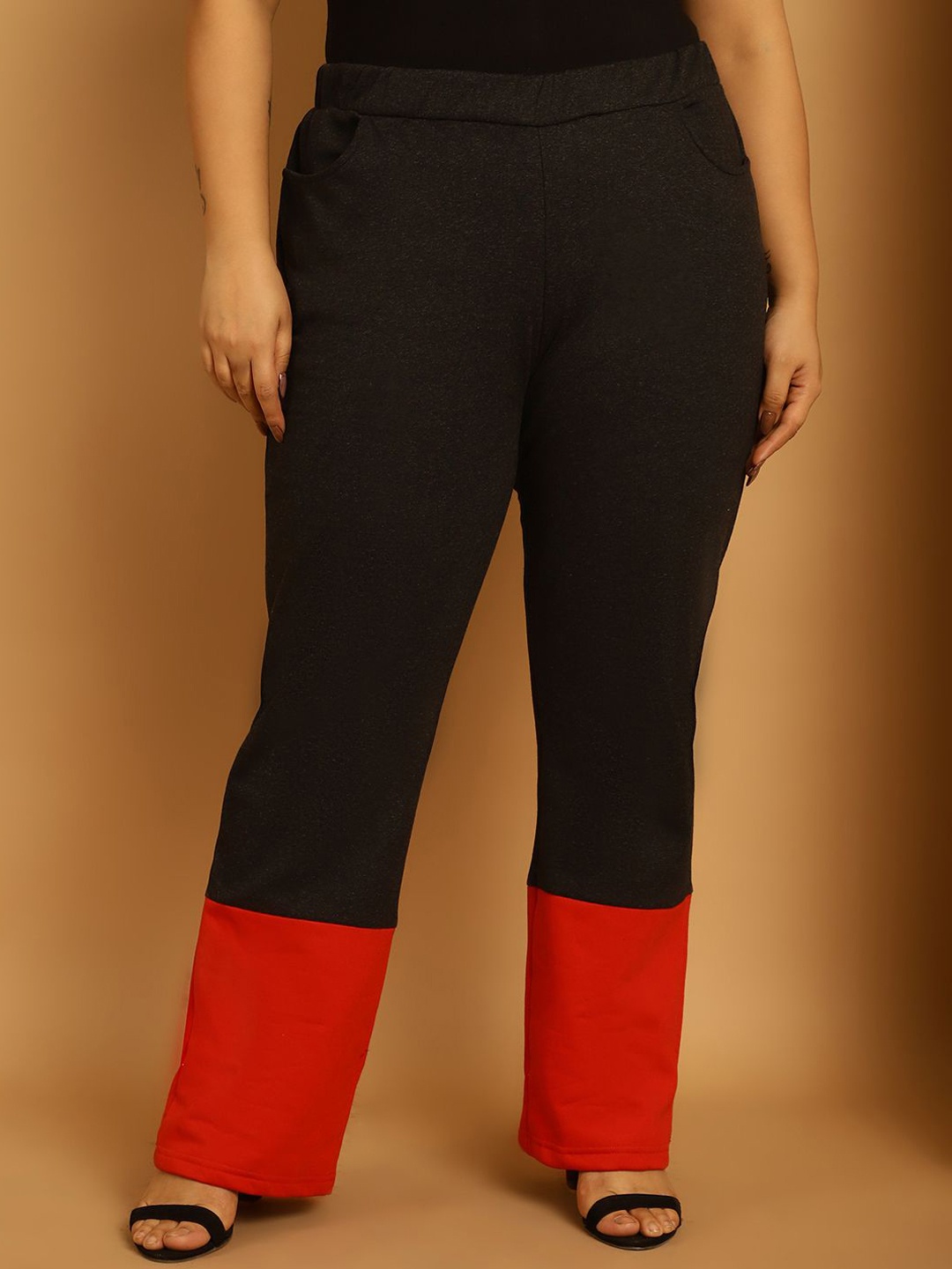 

theRebelinme Women Colourblocked Relaxed Straight Fit High-Rise Trousers, Charcoal