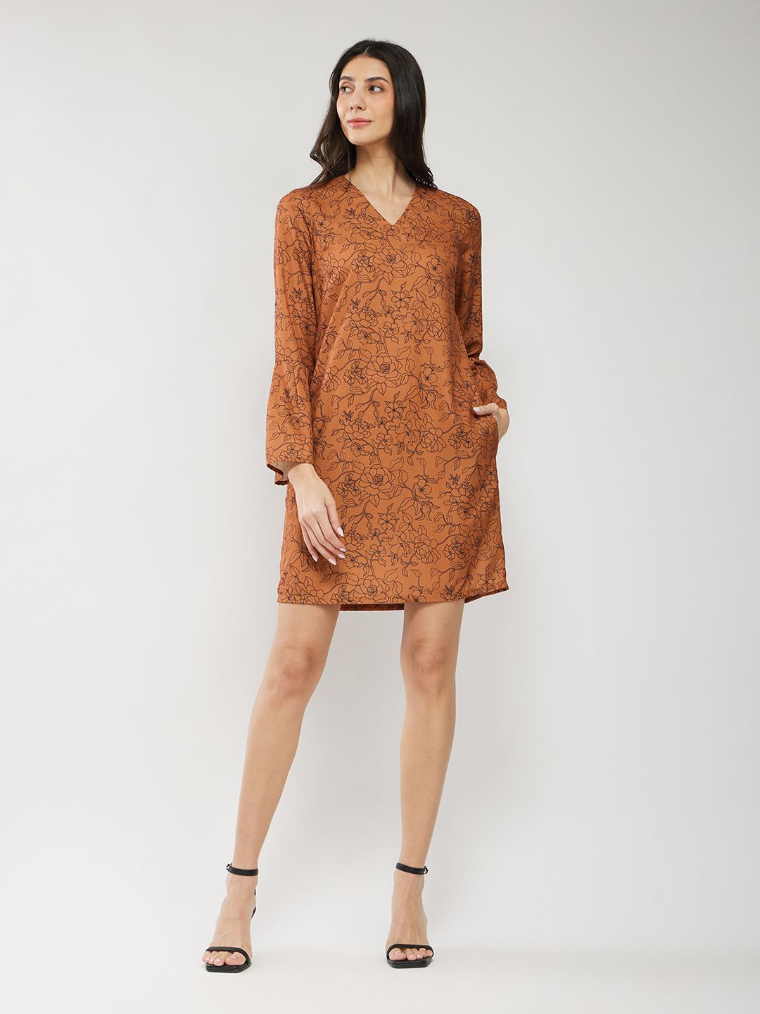 

FableStreet Floral Print Bell Sleeve A-Line Dress, Rust