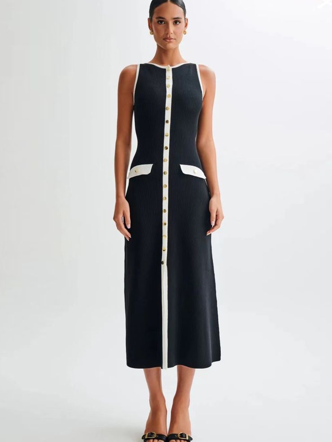 

LULU & SKY Women Round Neck Sleeveless A-line Midi Dress, Black