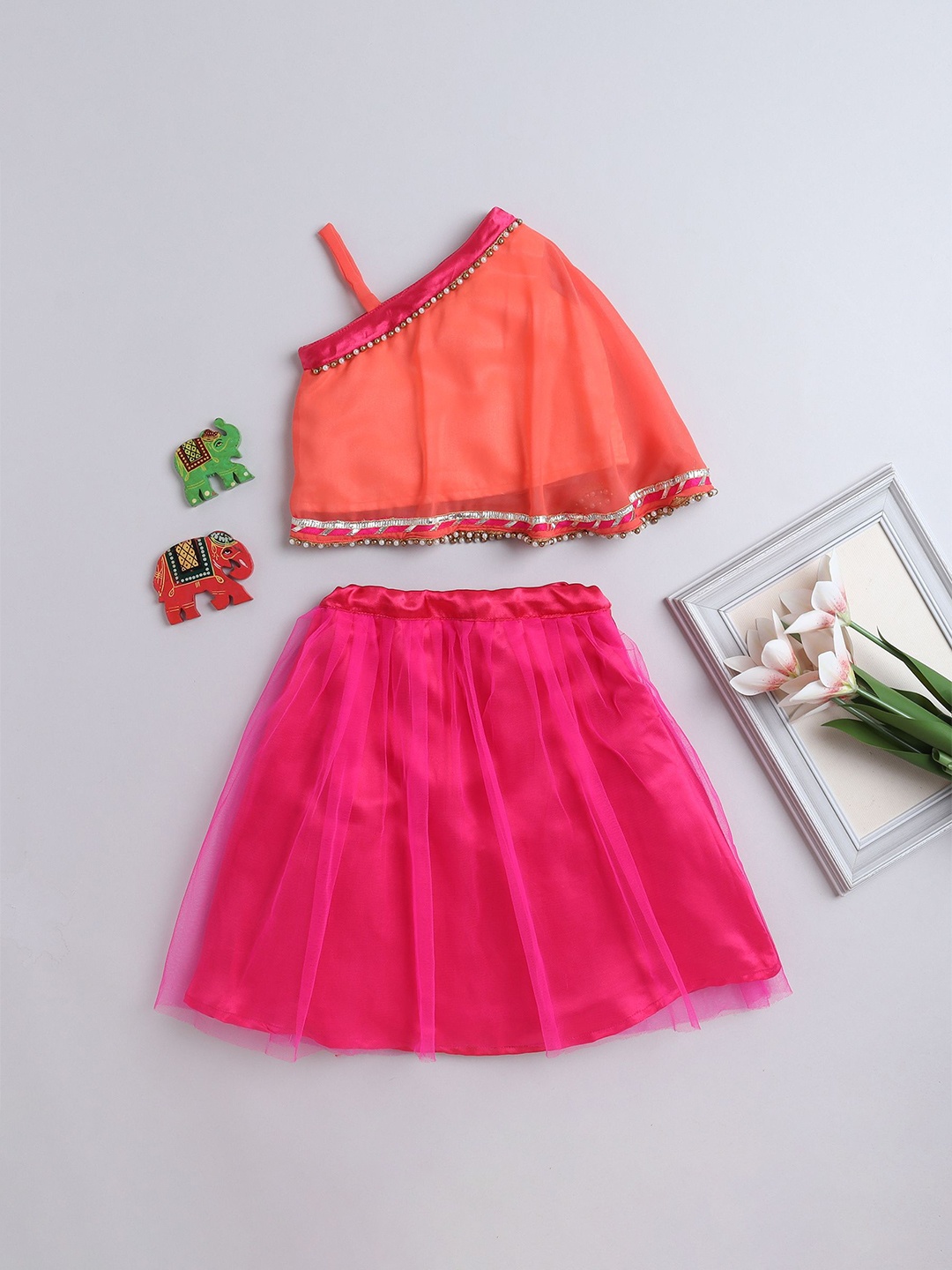 

MANY FROCKS & Girls Printed Ready to Wear Lehenga, Peach