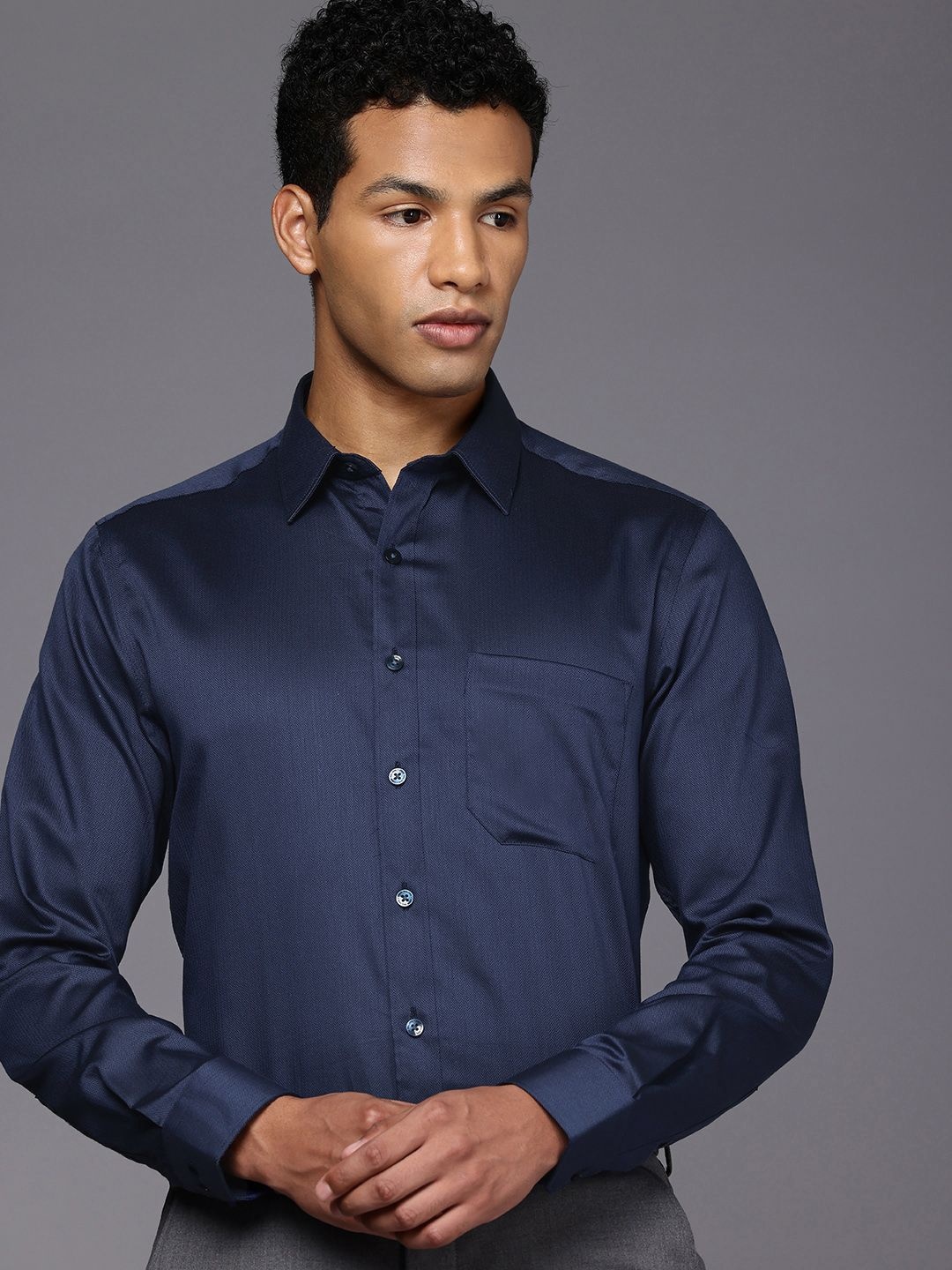 

Louis Philippe Pure Cotton Self Design Textured Slim Fit Opaque Formal Shirt, Navy blue