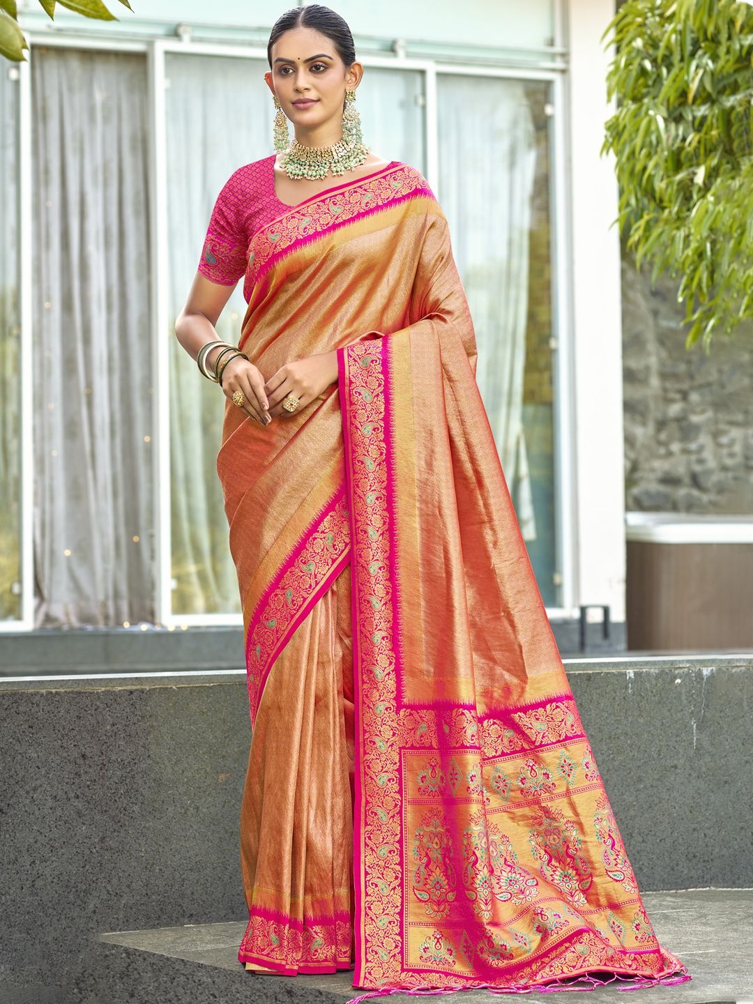 

SANGAM PRINTS Woven Design Zari Silk Blend Tussar Saree, Peach