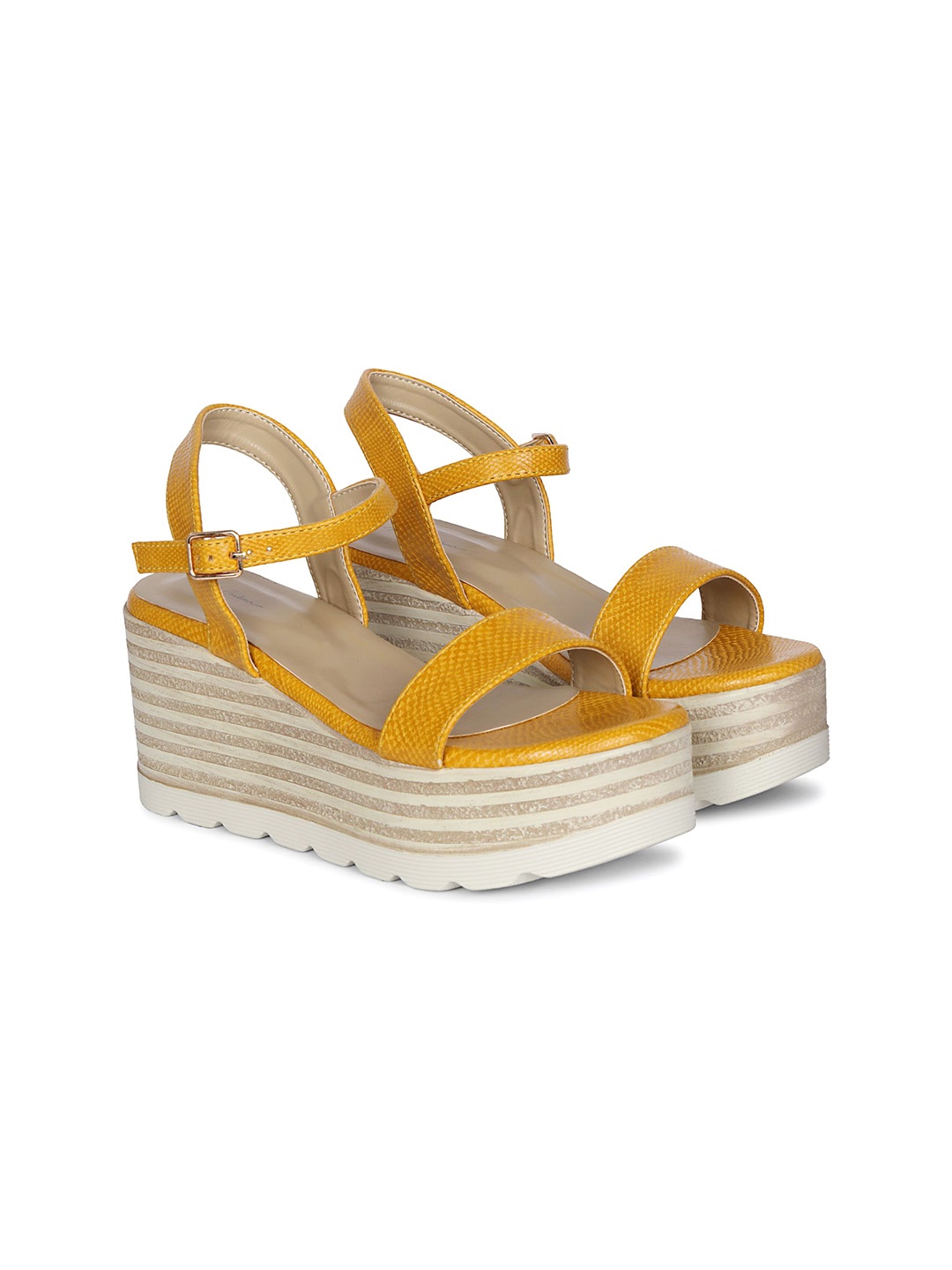 

Mast & Harbour Women Textured Wedge Heel Sandals, Mustard