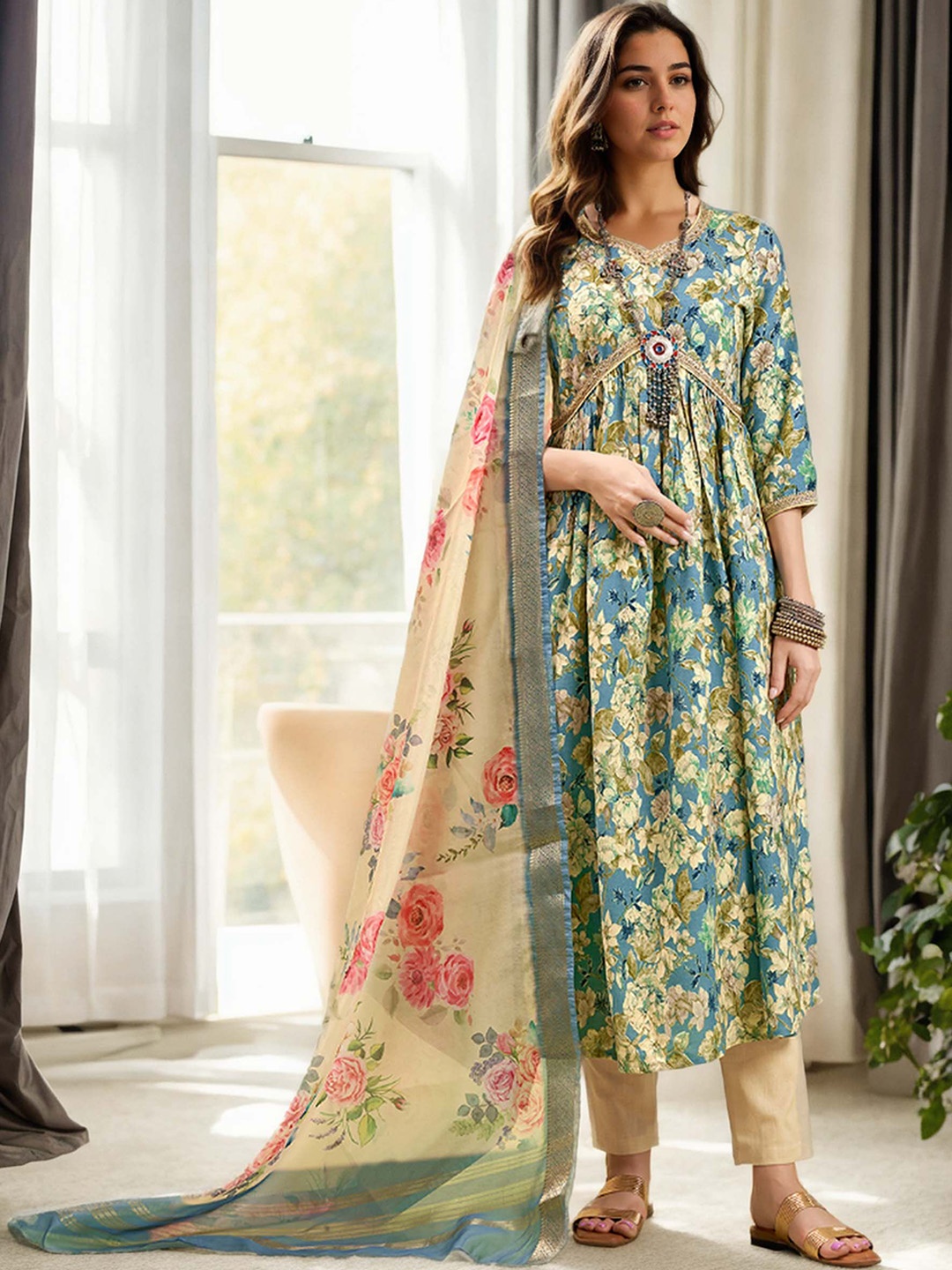 

Anouk Women Floral Printed Empire Kurta with Trousers & With Dupatta, Blue