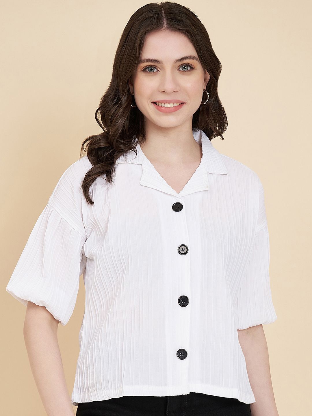 

HERE&NOW Women Classic Boxy Opaque Striped Casual Shirt, White