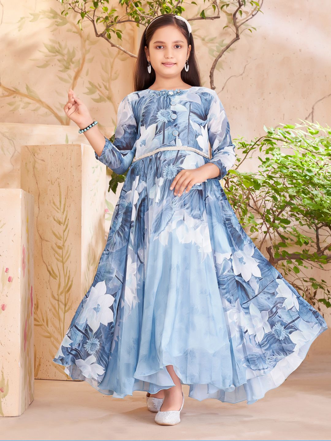 

HERE&NOW Floral Dyed Bell Sleeve Georgette Maxi Dress, Grey