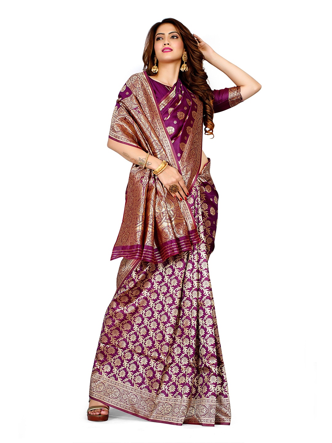 

SHRIMAY Woven Design Silk Blend Ready to Wear Banarasi Saree, Purple