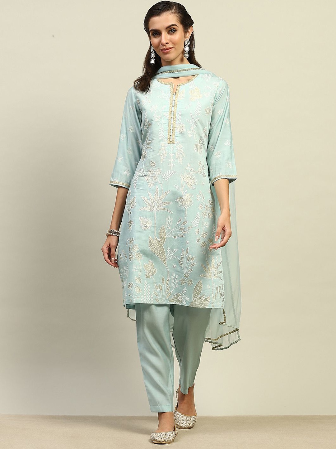 

Rangriti Women Floral Embroidered Regular Kurta with Palazzos & With Dupatta, Blue