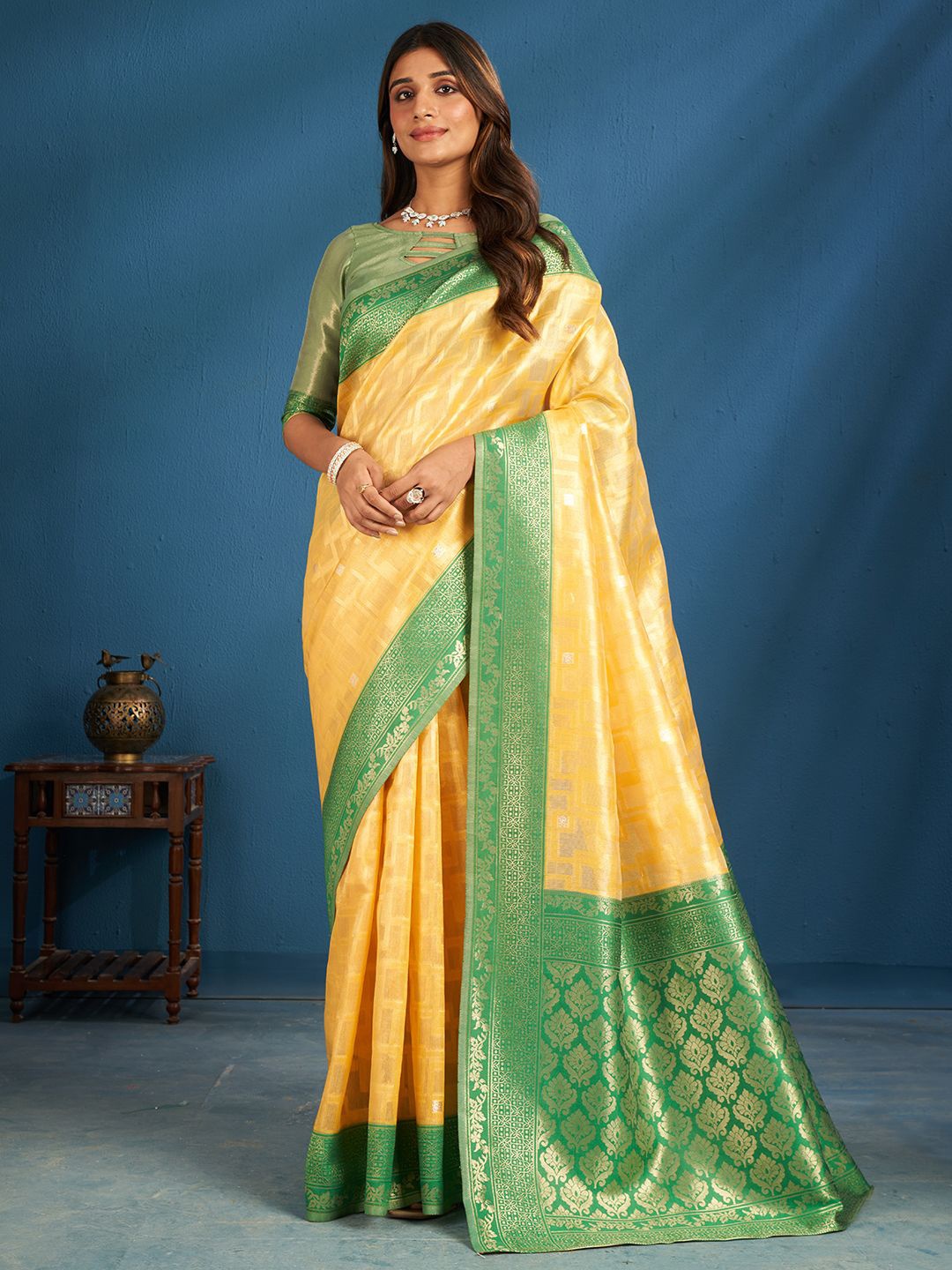 

SARHA Woven Design Zari Silk Cotton Saree, Yellow