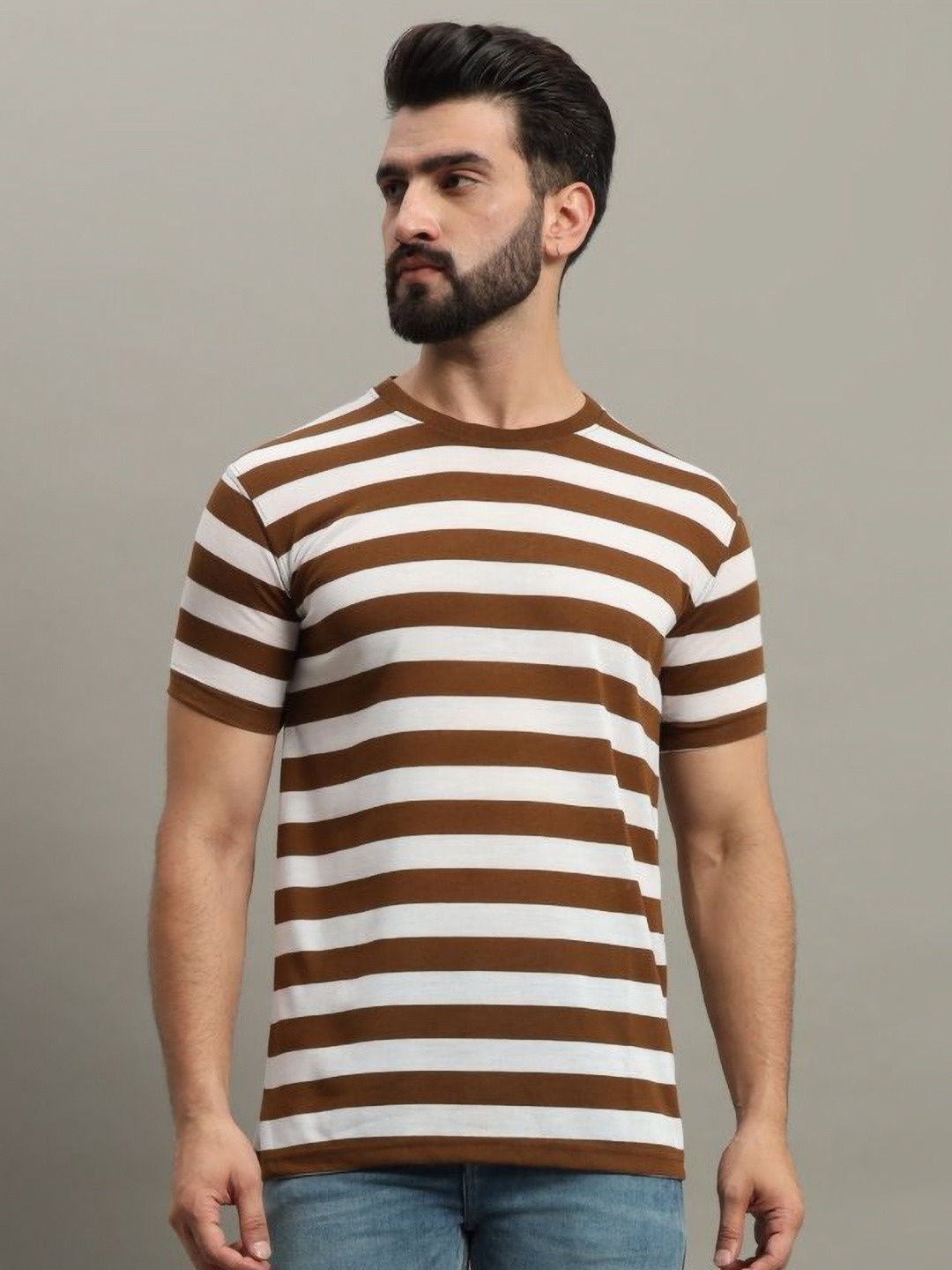

GET GOLF Men Striped Round Neck Cotton T-shirt, Brown