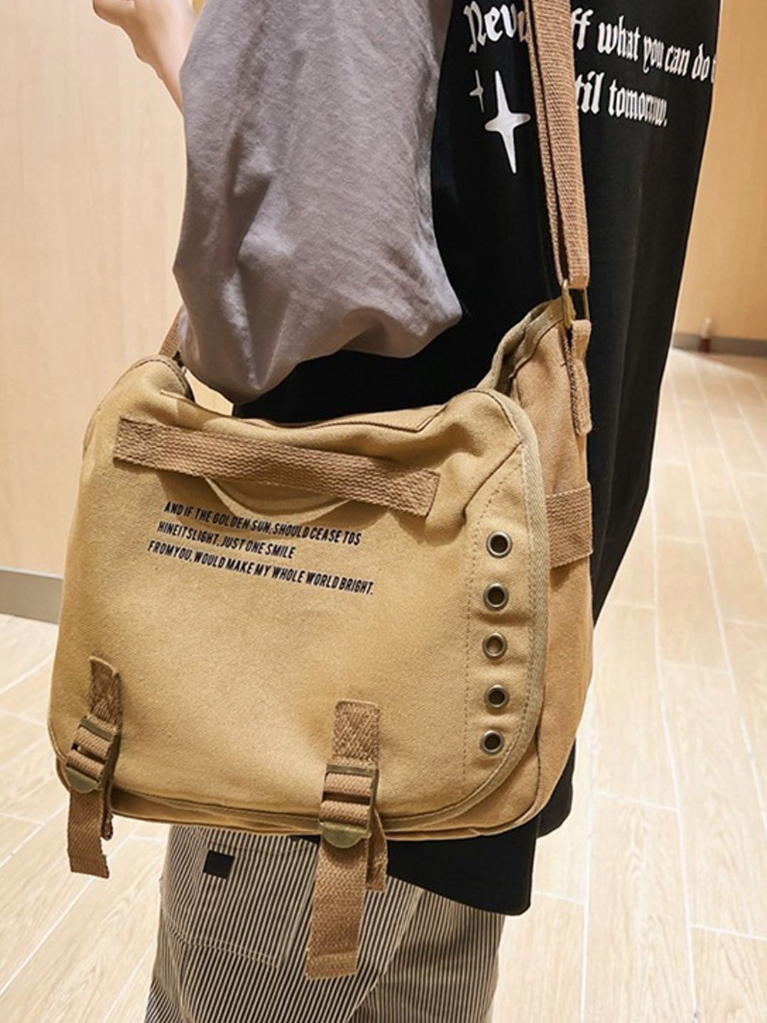 

StyleCast Khaki & Black Typography Printed Structured Sling Bag