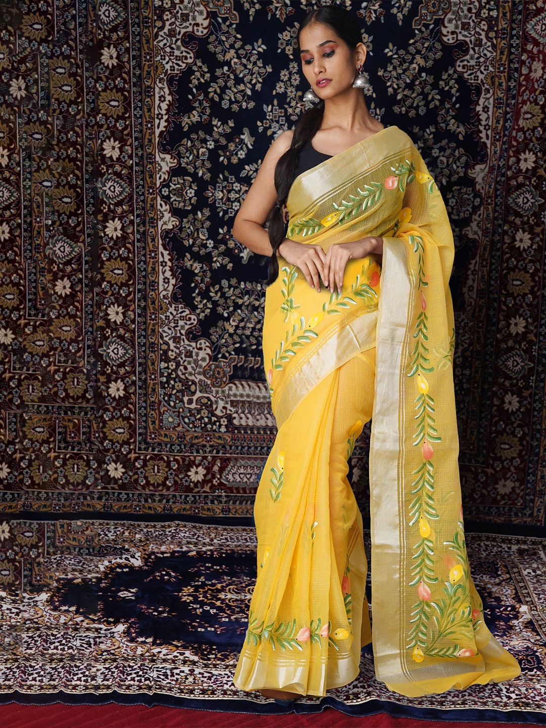 

Unnati Silks Floral Zari Net Handloom Kota Saree, Yellow