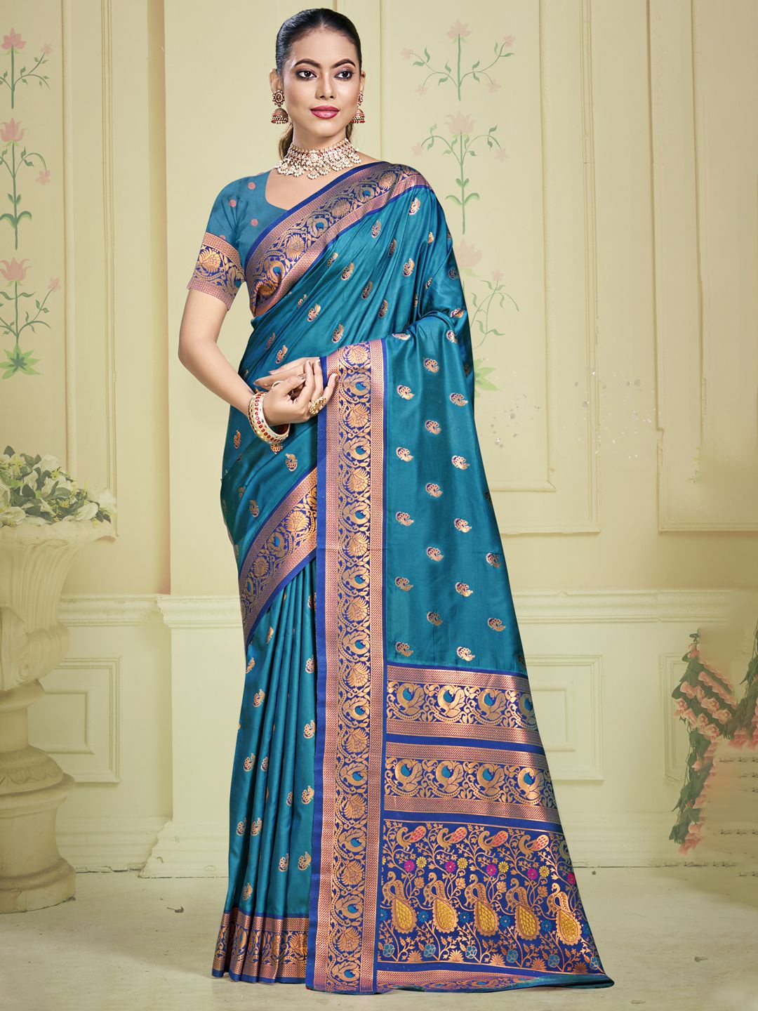 

SANGAM PRINTS Woven Design Zari Silk Blend Tussar Saree, Blue