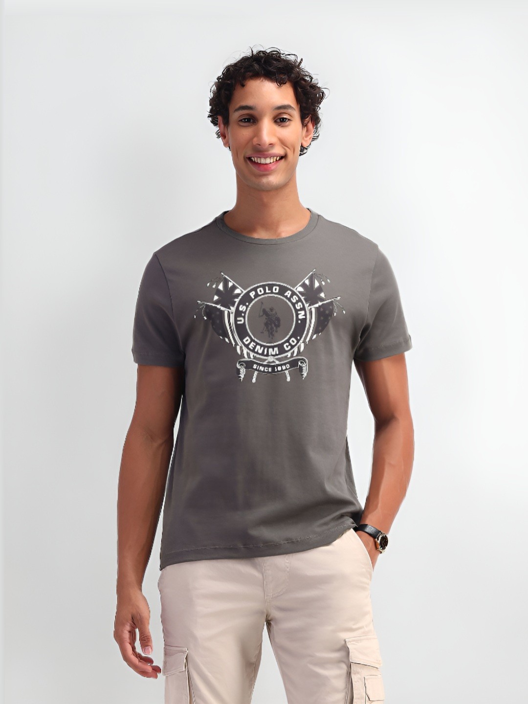

U.S. Polo Assn. Denim Co. Men Graphic Printed Round Neck Cotton Slim Fit T-shirt, Grey