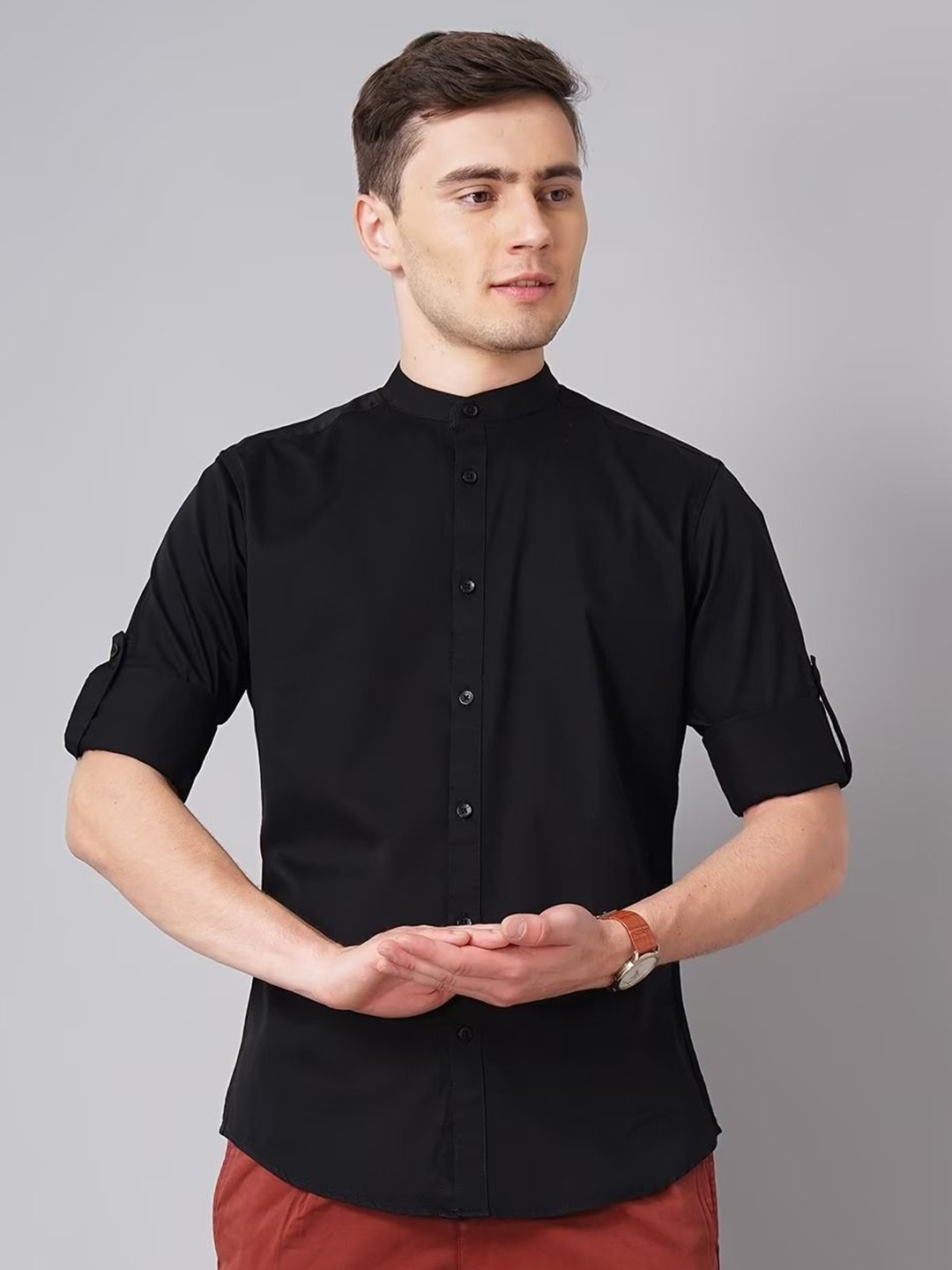 

British Club Men Classic Band Collar Solid Cotton Slim Fit Casual Shirt, Black