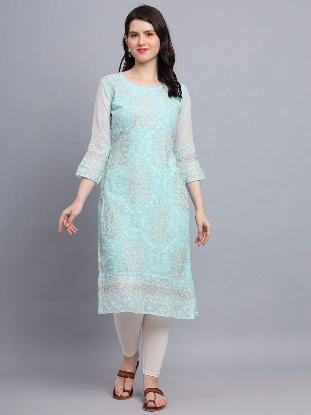

HERE&NOW Women Floral Embroidered Thread Work Georgette Kurta, Turquoise blue