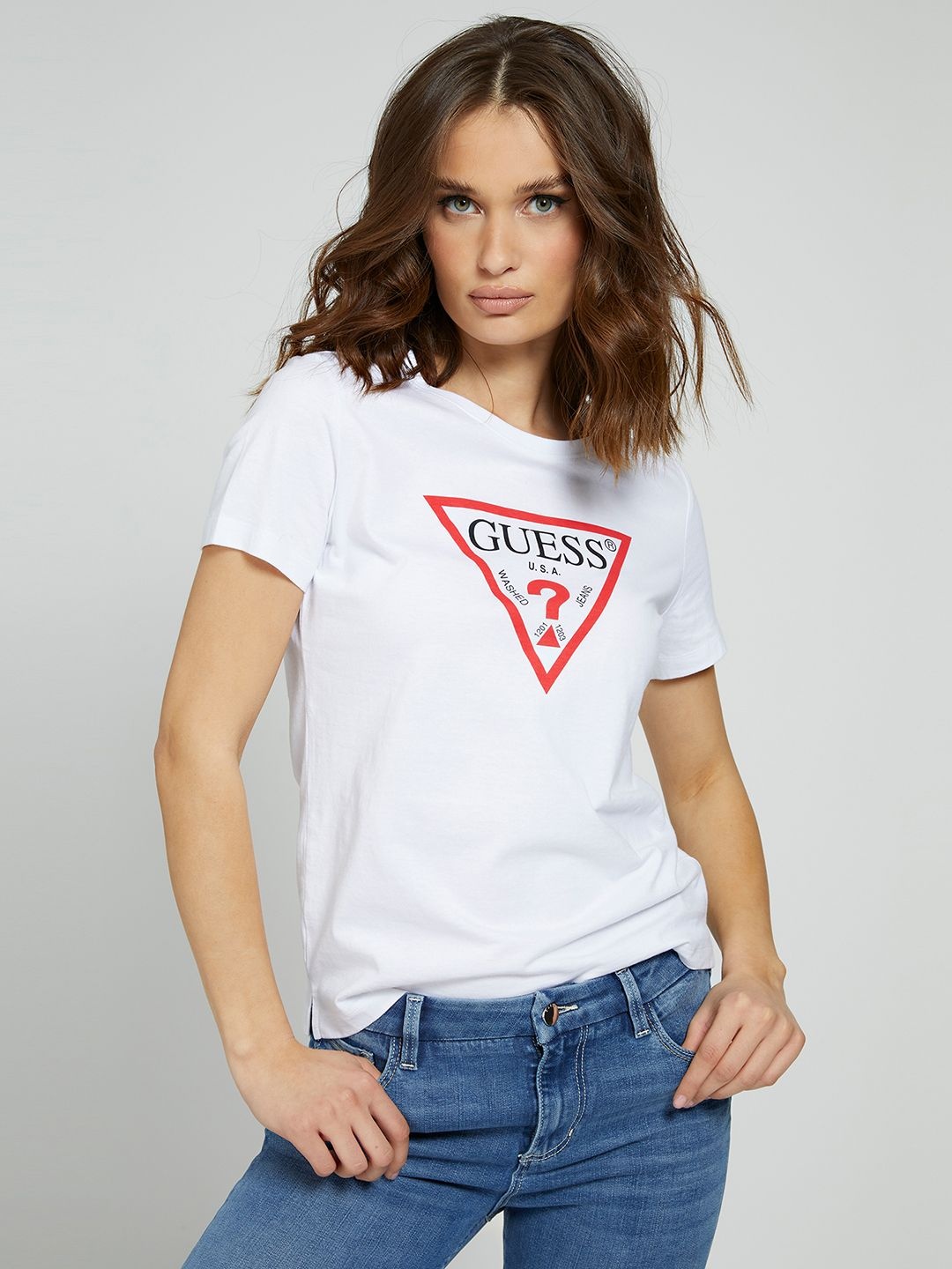 

GUESS Women Printed Pure Cotton Pockets T-shirt, White