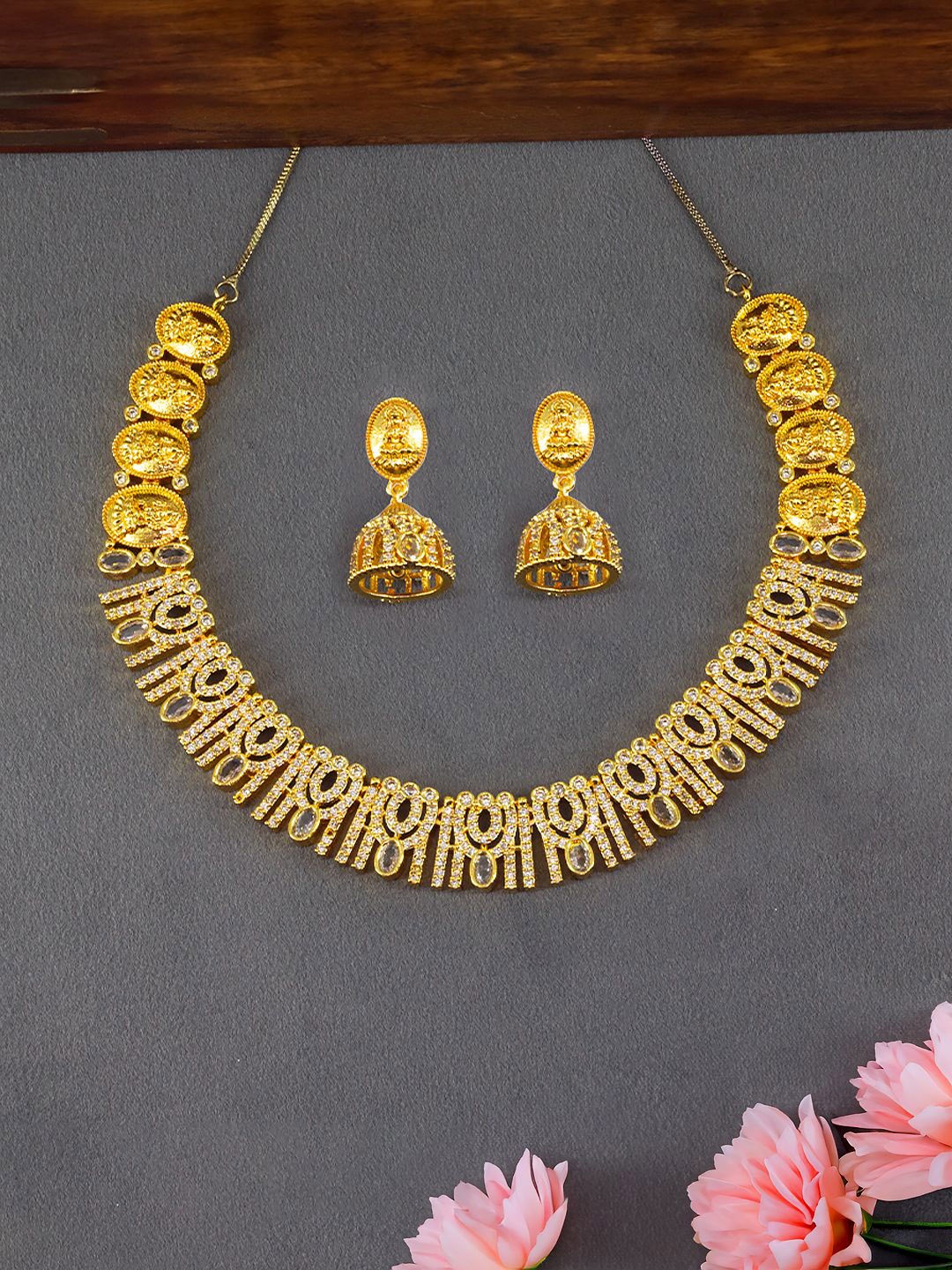 

PRIVIU Gold-Plated American Diamond-Studded Temple Jewellery Set