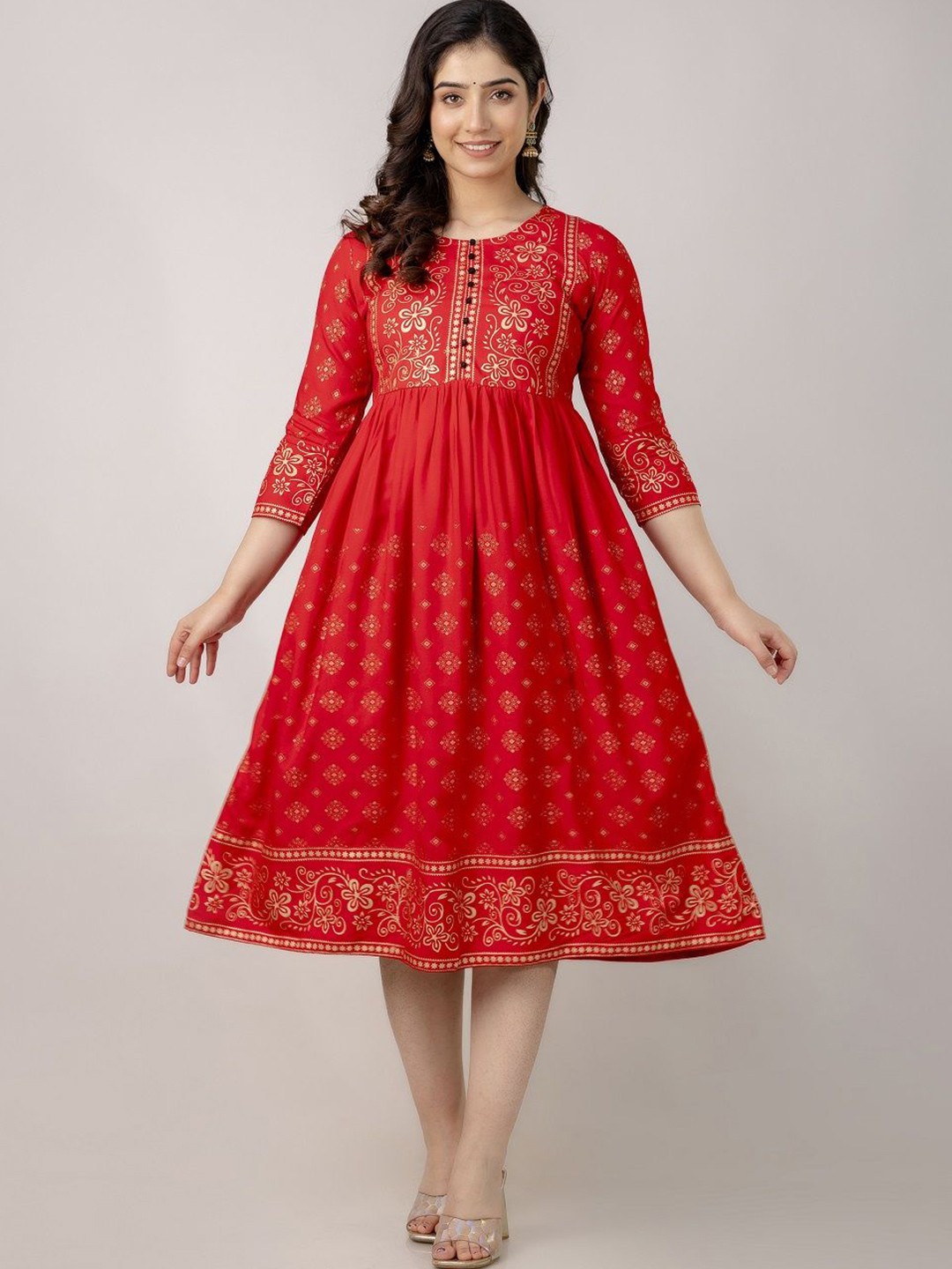

SUNEKH Ethnic Motifs Printed Fit and Flared Ethnic Dress, Red