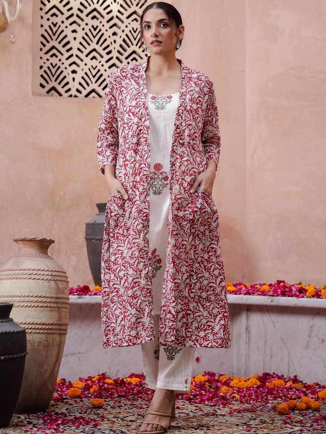 

RangDeep Women Floral Printed Regular Pure Cotton Kurta with Trousers, Red