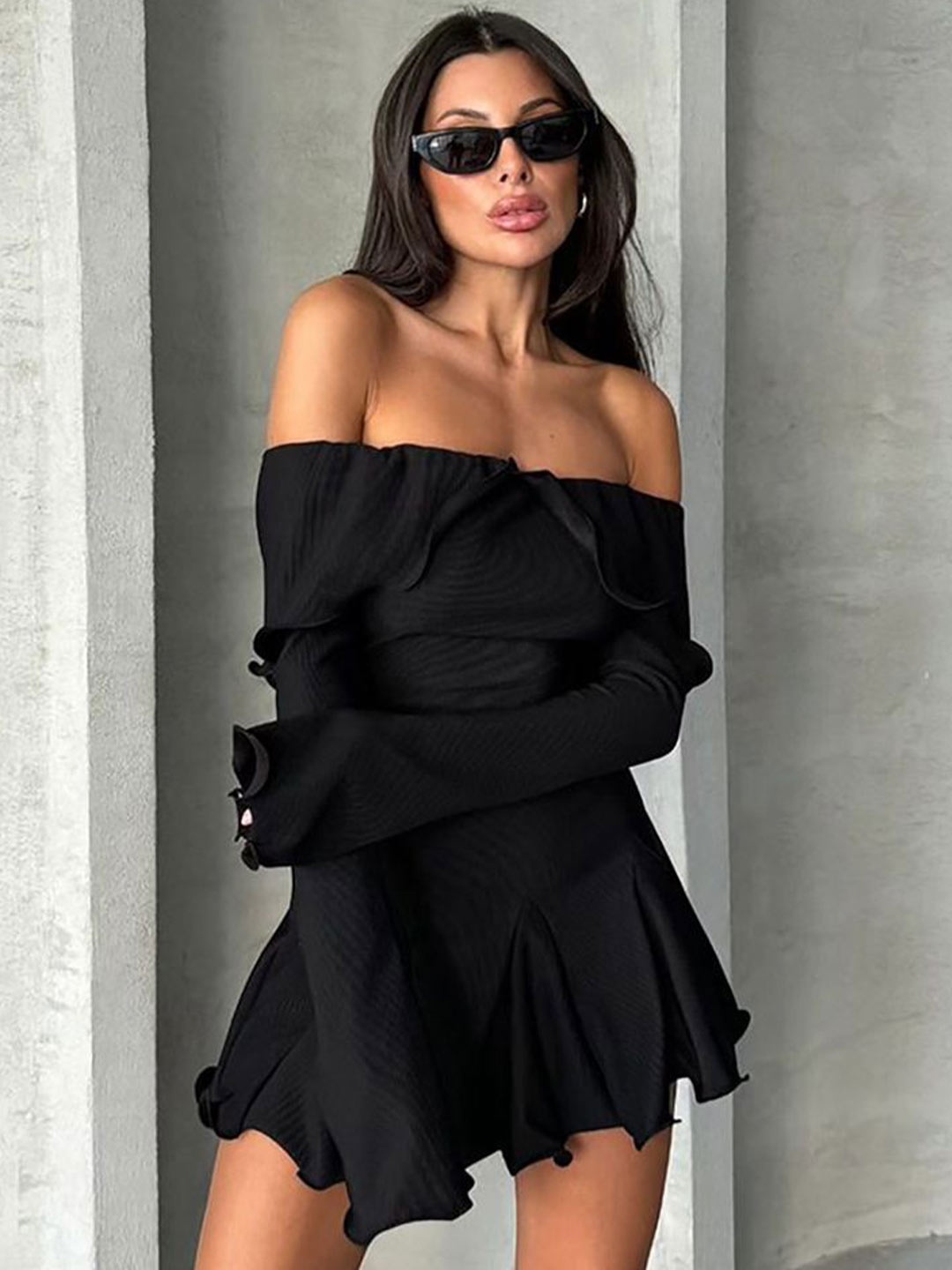 

LULU & SKY Off-Shoulder Flared Sleeve A-Line Dress, Black