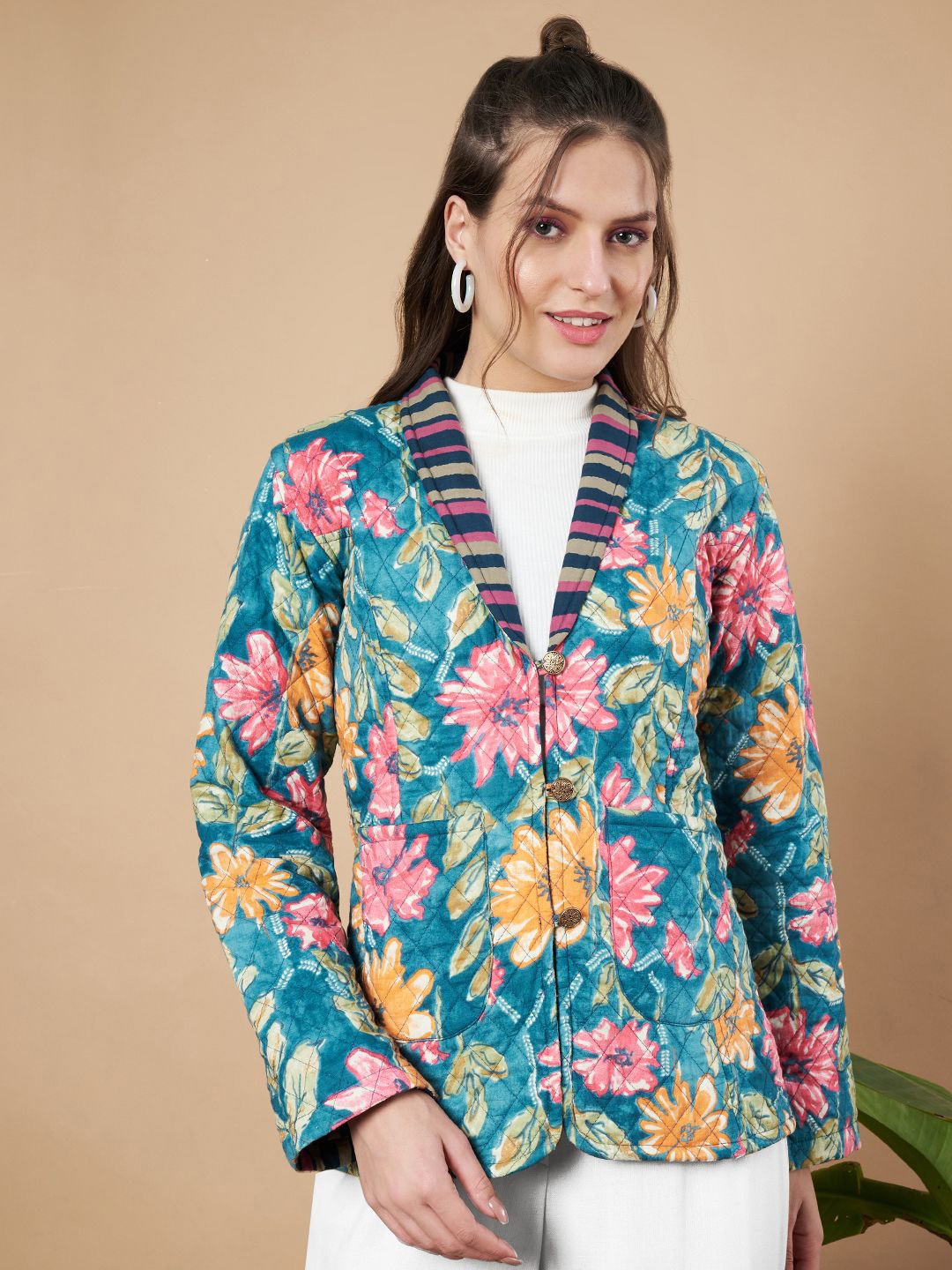 

KALINI Floral Printed Comfort Fit Single Breasted Blazer, Teal