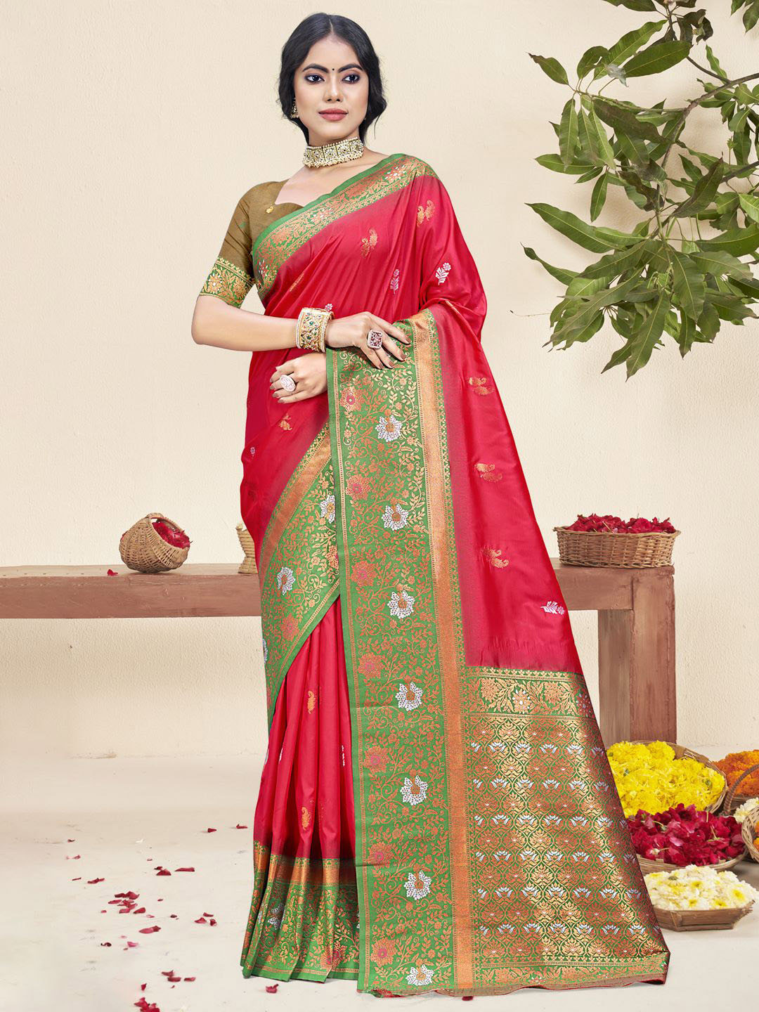 

SANGAM PRINTS Woven Design Zari Silk Blend Tussar Saree, Pink
