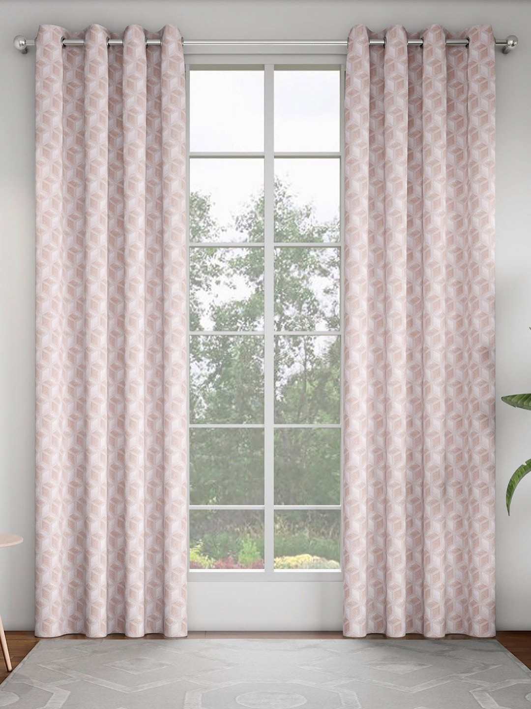 

GM Peach-Coloured & White Set of 2 Geometric Room Darkening Door Curtain