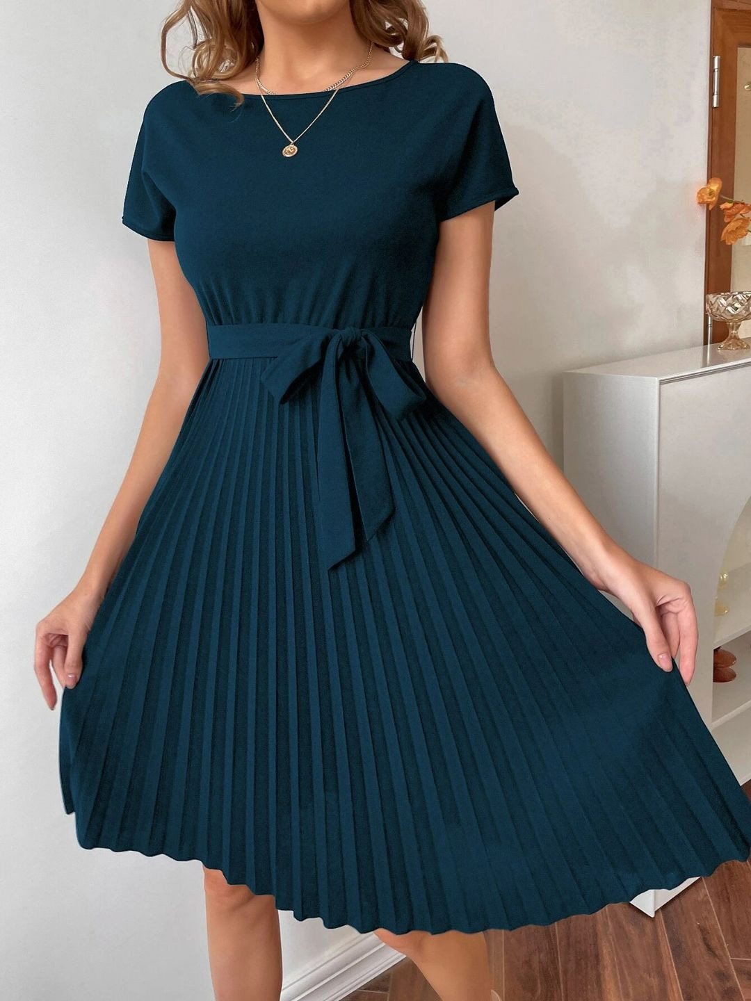 

Oh Rare Striped Accordion Pleats Fit & Flare Dress, Black