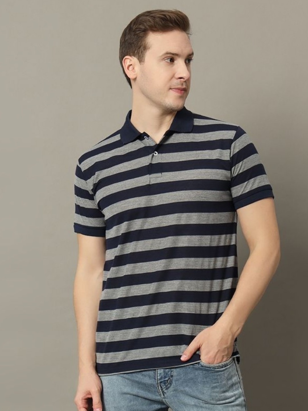 

GET GOLF Men Striped Polo Collar Cotton T-shirt, Navy blue