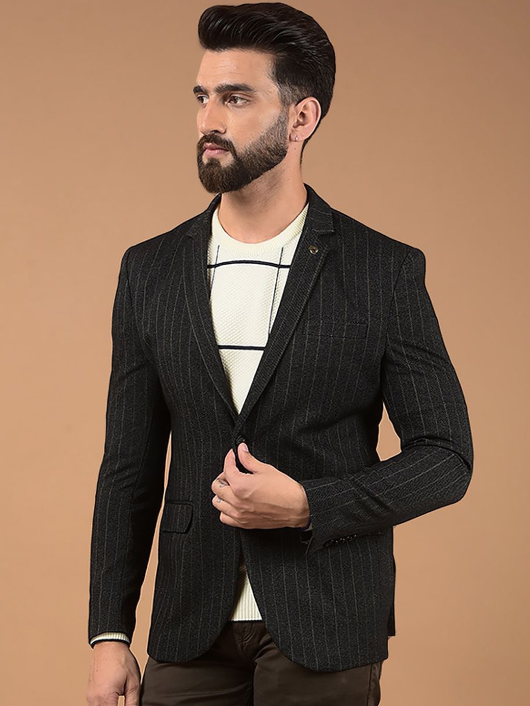 

Crimsoune Club Striped Single-Breasted Blazer, Black
