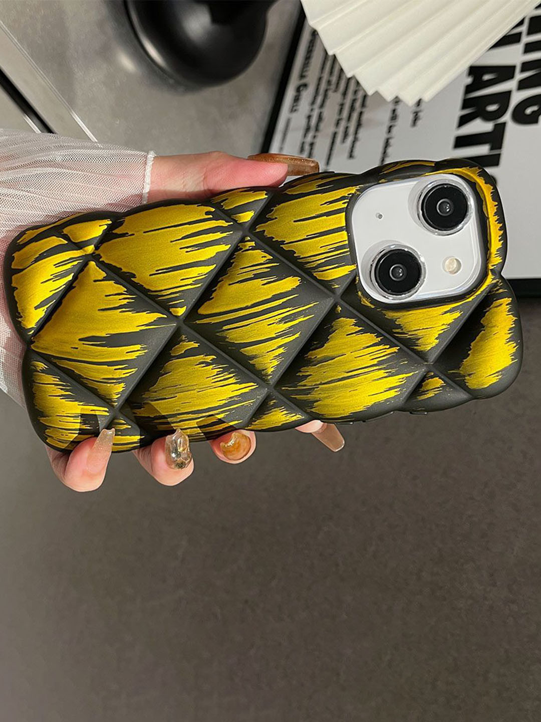 

Luxury Kase Geometric Printed iPhone 15 Plus Back Case Mobile Accessories, Yellow