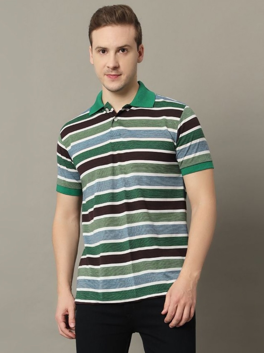 

GET GOLF Men Striped Polo Collar Cotton T-shirt, Green