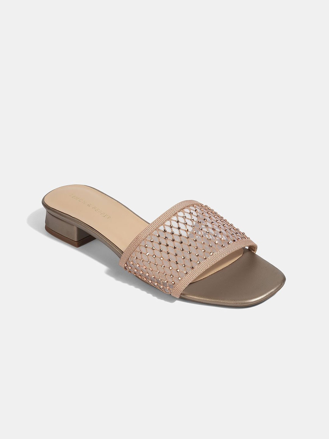 

LEMON & PEPPER Embellished Party Block Sandals with Laser Cuts, Rose gold