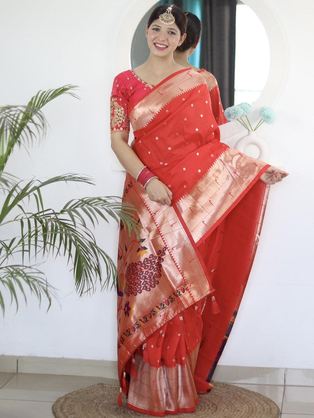 

Anaita Woven Design Zari Silk Blend Paithani Saree, Red