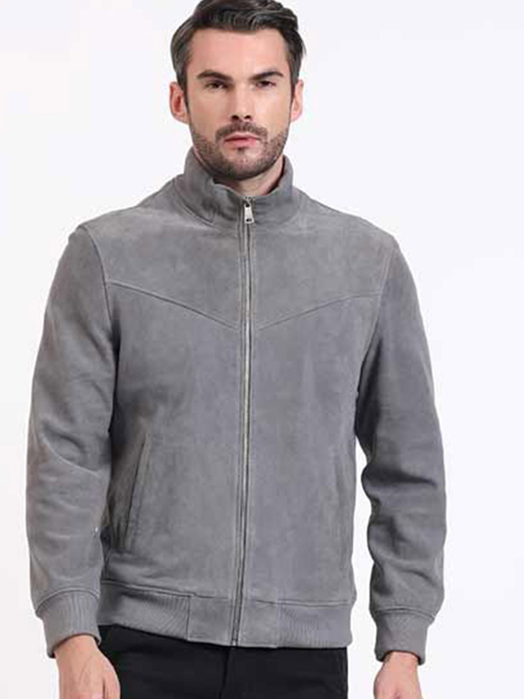 

Saint G Men Geometric Satin Water Resistant Leather Jacket, Grey