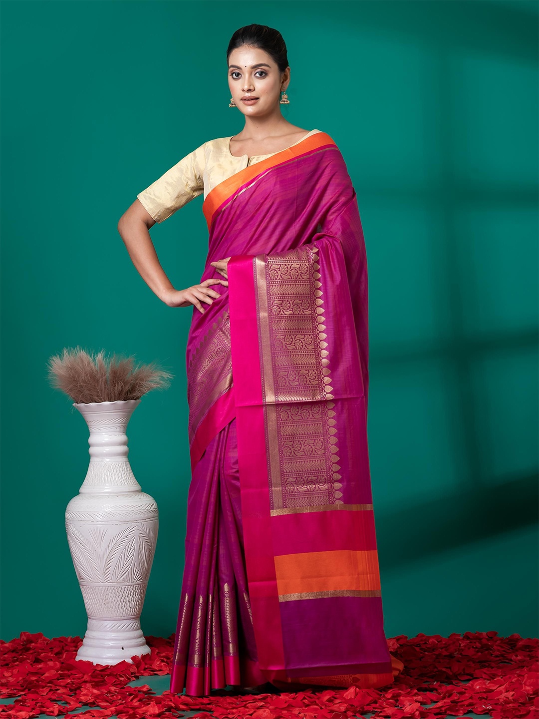 

VIBHAVARI Zari Silk Cotton Fusion Saree, Purple