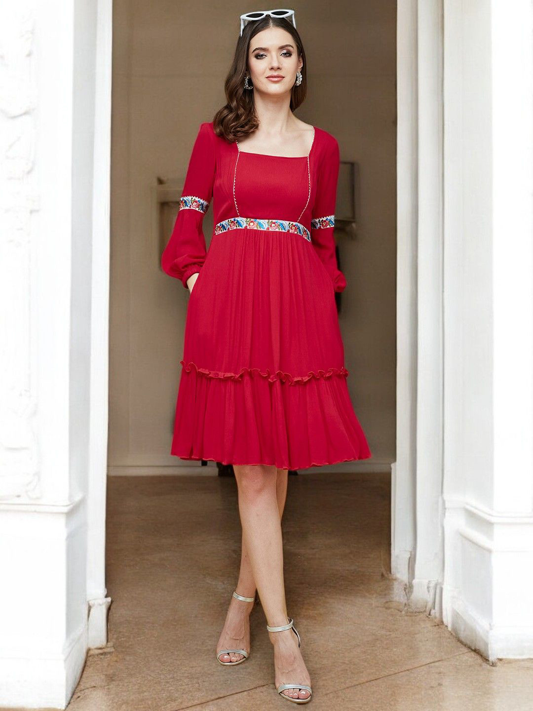 

DressBerry Bell Sleeve Fit & Flare Midi Dress, Red
