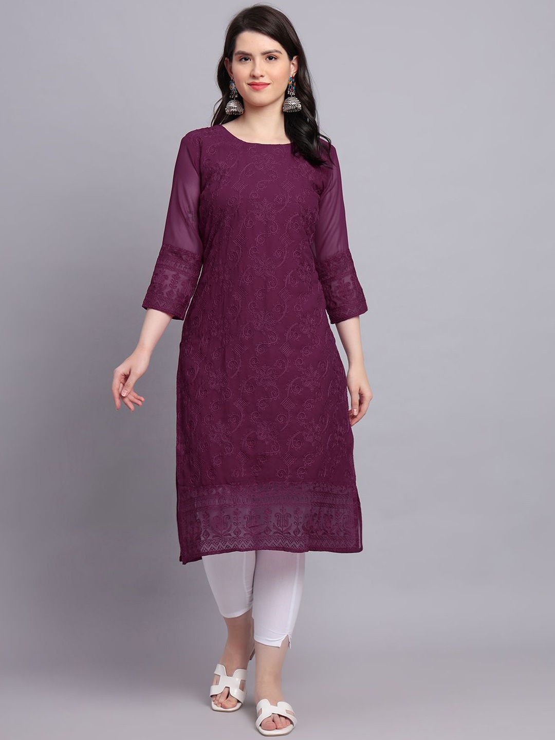 

HERE&NOW Women Floral Embroidered Thread Work Georgette Kurta, Purple