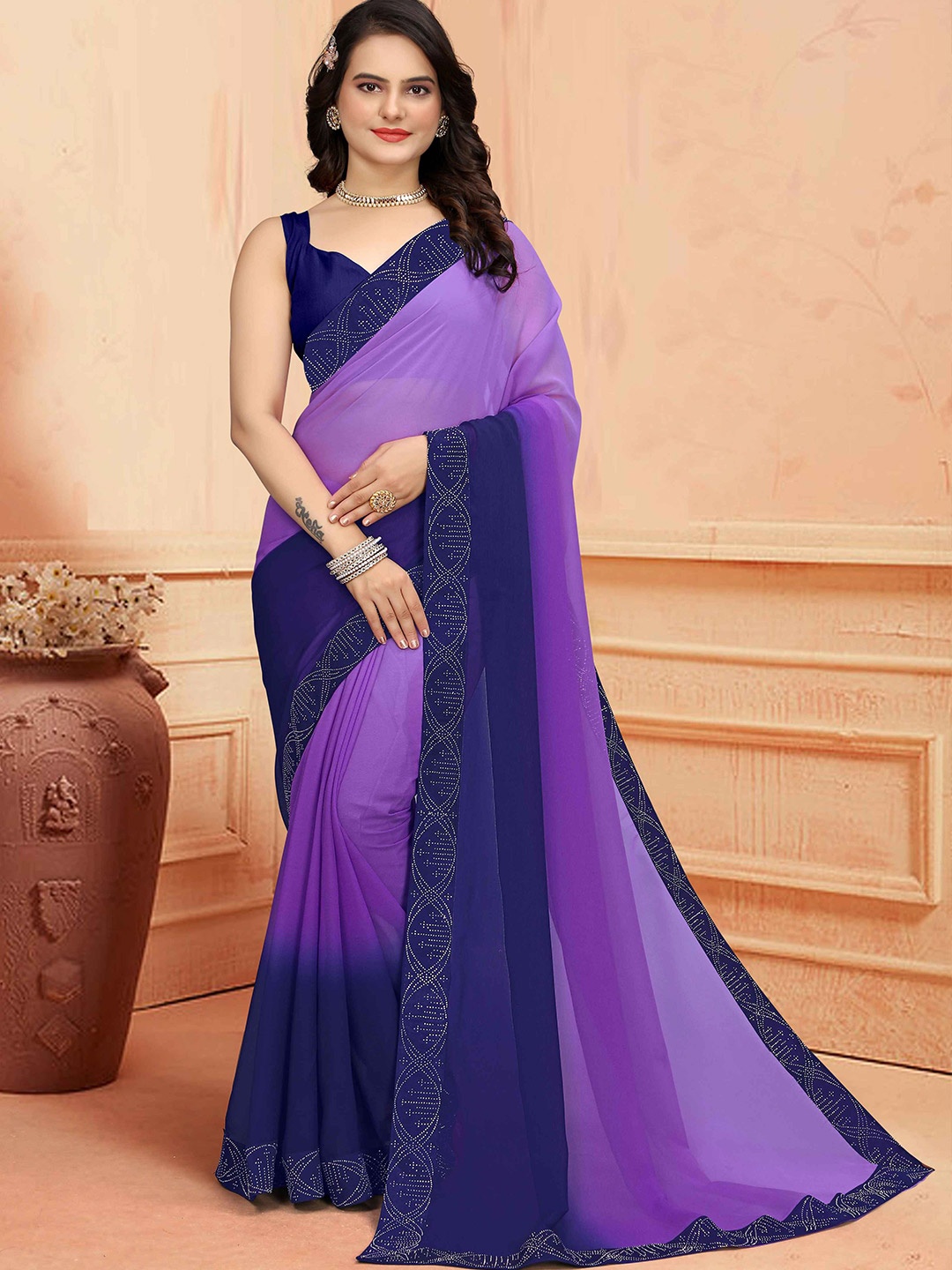 

Zeekha Colourblocked Beads and Stones Poly Georgette Saree, Lavender