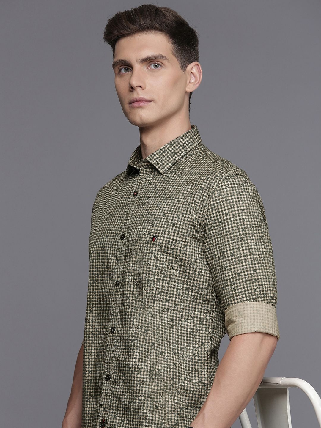 

Louis Philippe Sport Slim Fit Gingham Checked Pure Cotton Shirt, Olive