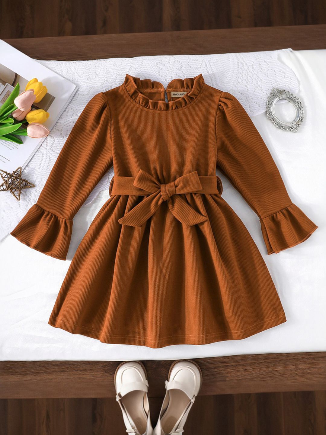 

INCLUD Bell Sleeve Fit & Flare Dress, Brown