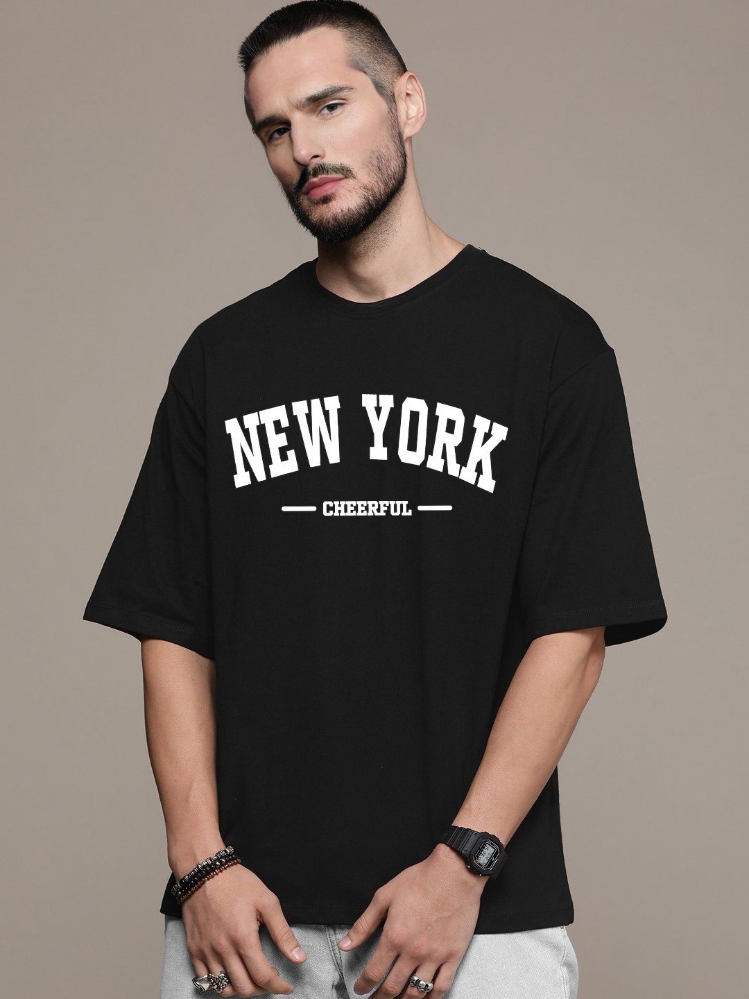 

Manlino Unisex Printed Drop-Shoulder Sleeves Pockets T-shirt, Black