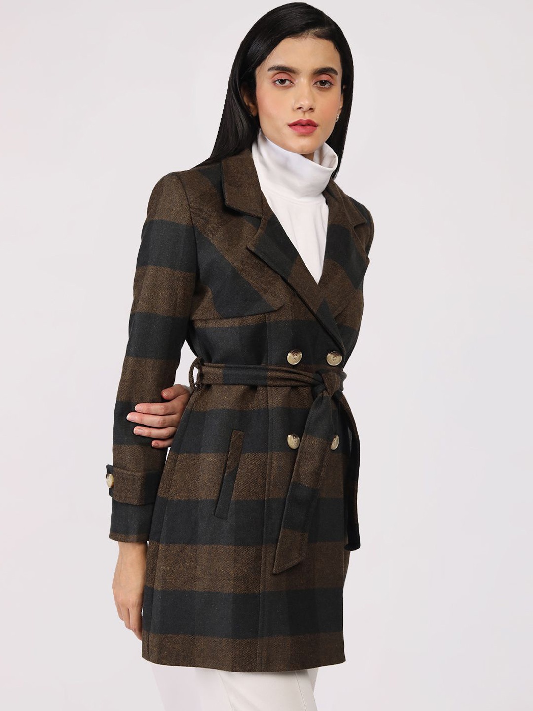 

The Roadster Lifestyle Co Checked Double Breasted Parka Coat, Brown